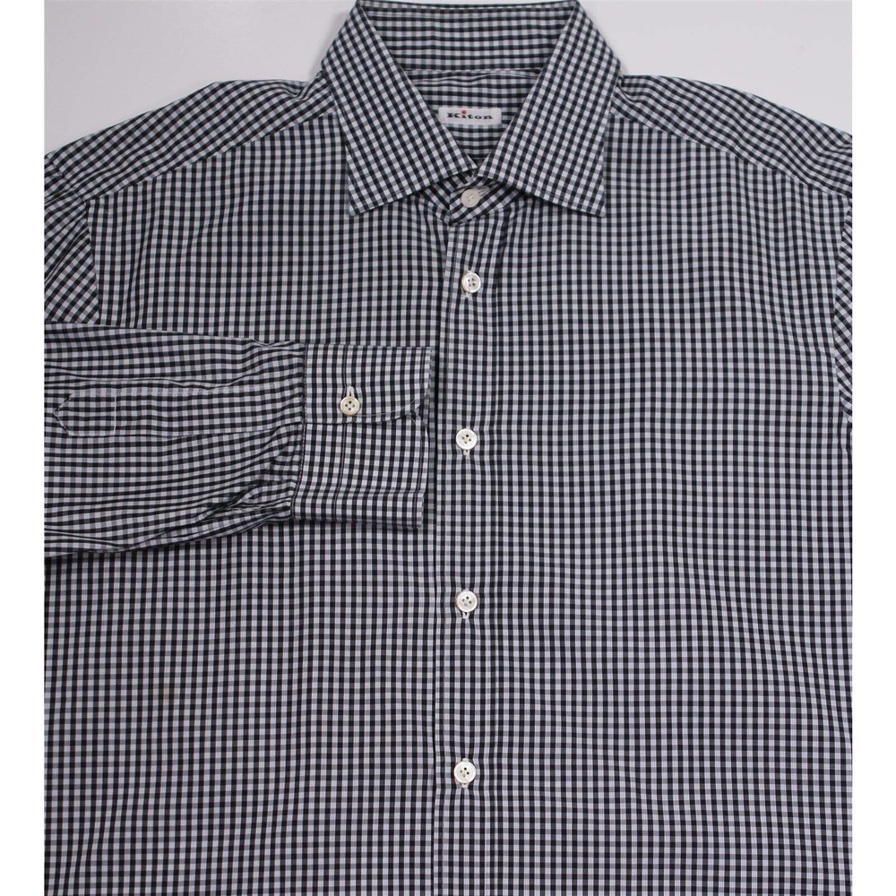 Kiton Recent Black/White Checkered Handmade Cotton Dress Shirt~ XL
